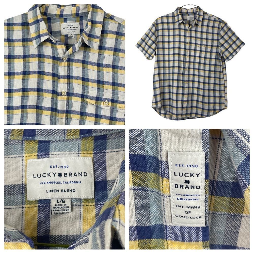 Lucky Brand Linen‎ Blend Short Sleeve Plaid Button Down Shirt Large